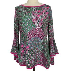Coco Bianco Top Womens Medium Paisley Floral Bell Sleeve Ruffle Boho Resort